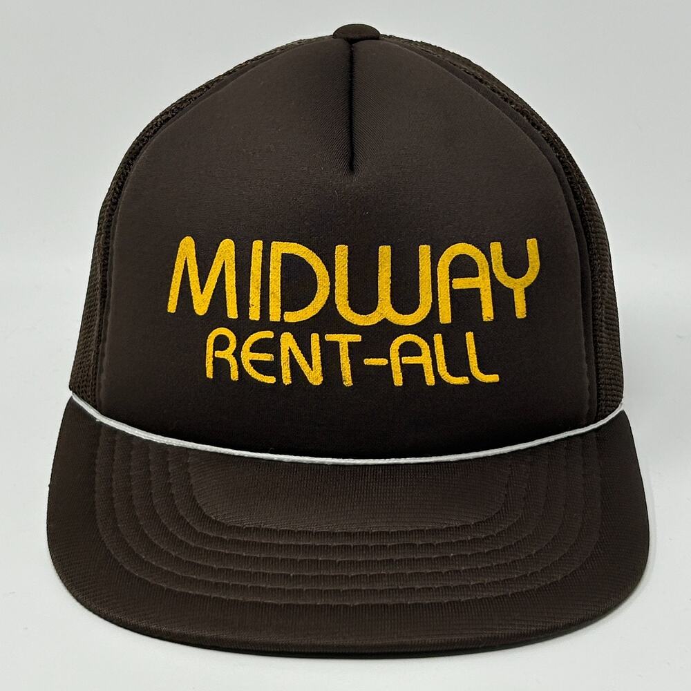 Vintage 80s Midway Rent All Trucker Hat Baseball Cap Brown Mesh Snapback Rope